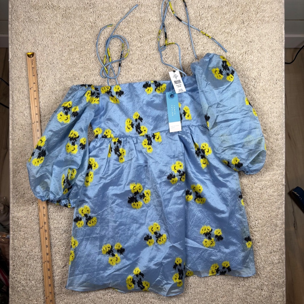 Tanya Taylor Blue Floral Self-Tie Cold-Shoulder Puff Sleeve Mini‎ Dress Size 6